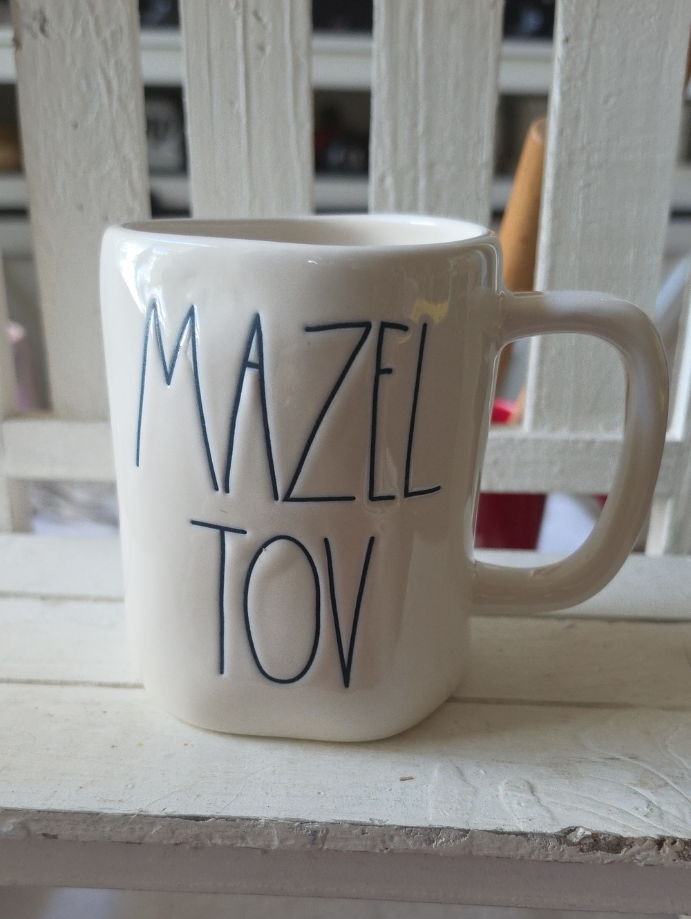 Rae Dunn White Mug with Blue 'MAZEL TOV' Script